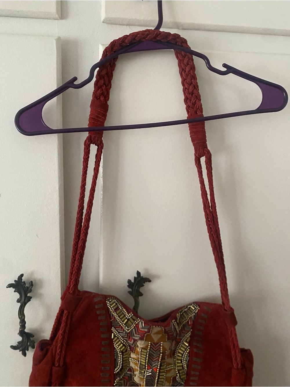 Anthropologie Red Suede Embroidered Fringe Shoulder Bag - Picture 6 of 10